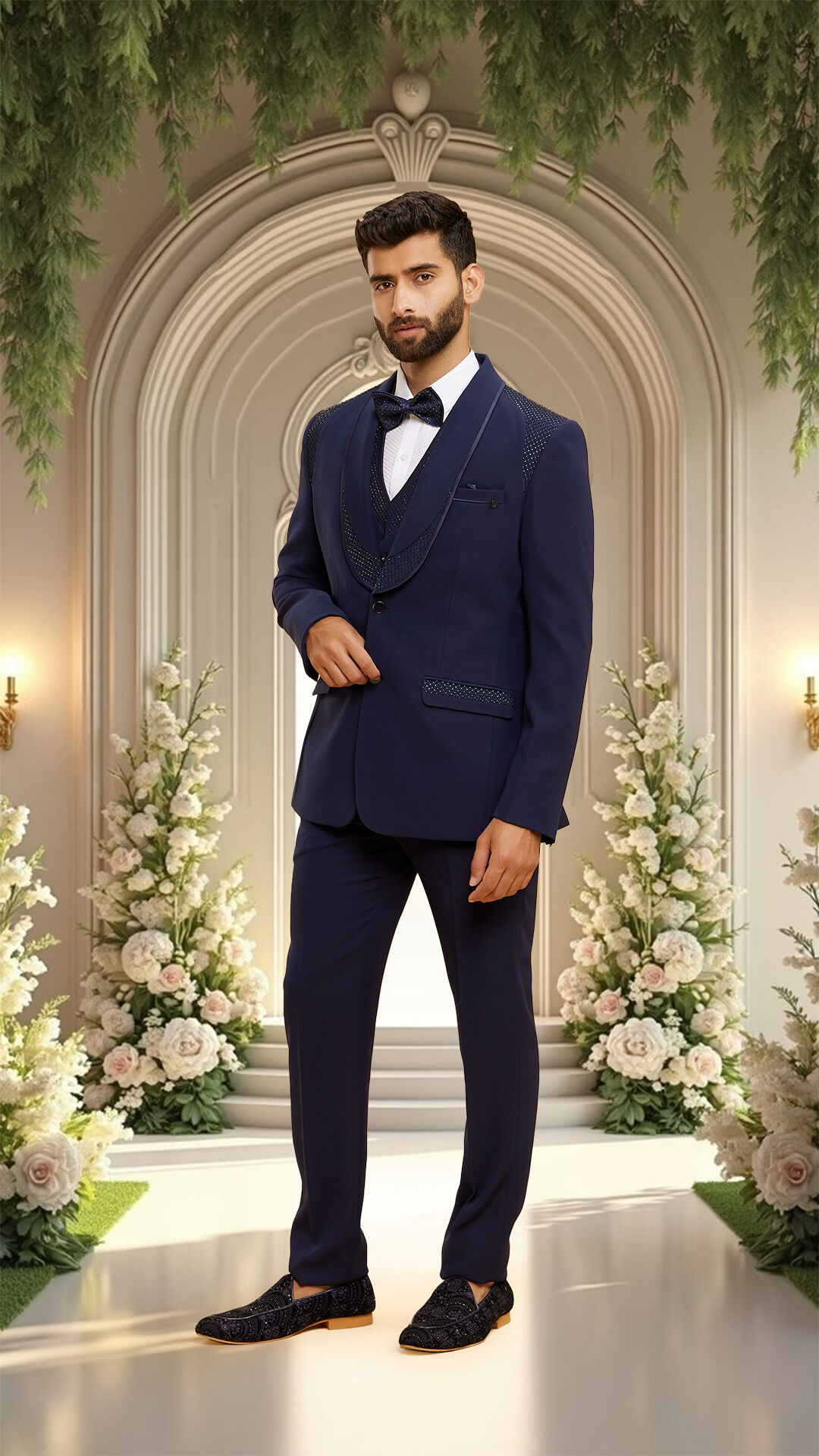 Stylish dark blue suit, an excellent choice for a modern and refined reception tuxedo appearance.